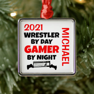 Wrestler Loves Playing Video Games CUSTOM Metal Tree Decoration