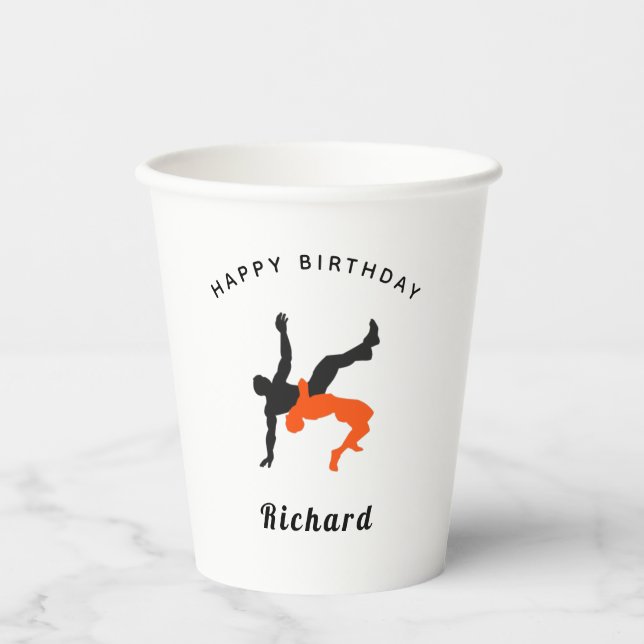 Wrestler Wrestling Silhouettes Kids Name Birthday Paper Cups (Front)