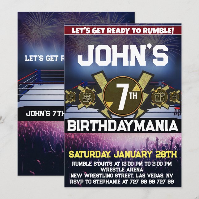 Wrestling Birthday Party Invitation Theme (Front/Back)
