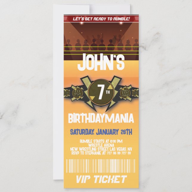 Wrestling Birthday Party Ticket Invitation Theme (Front)