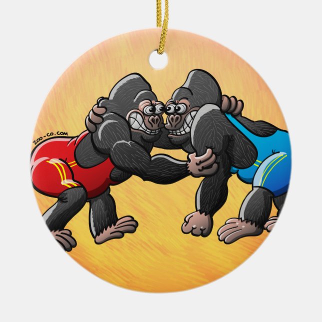 Wrestling Gorillas Ceramic Tree Decoration (Front)