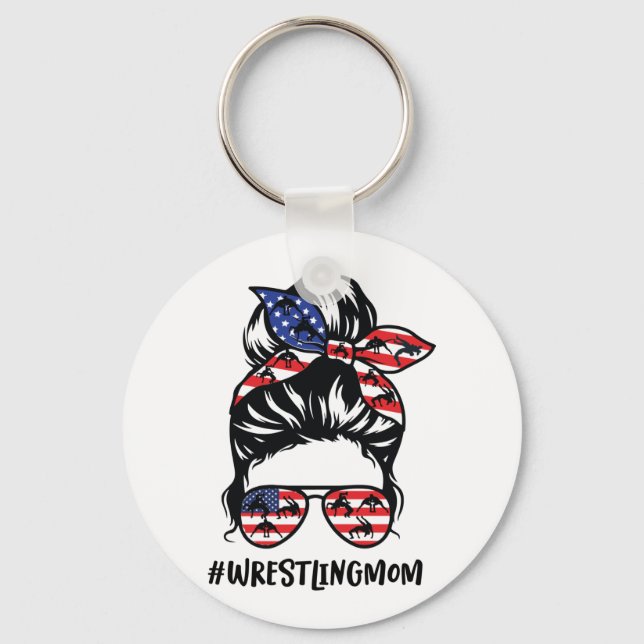 Wrestling Mom Messy Bun America Flag Wrestlers Key Ring (Front)