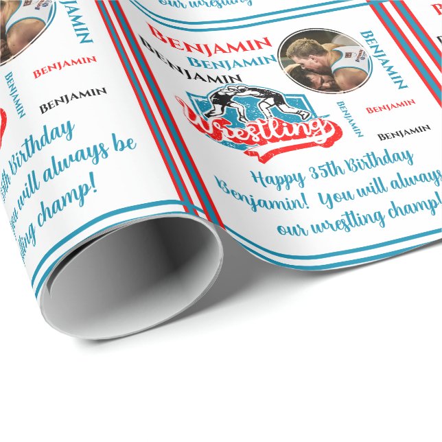 Wrestling Photo Name Age Birthday Wrapping Paper (Roll Corner)