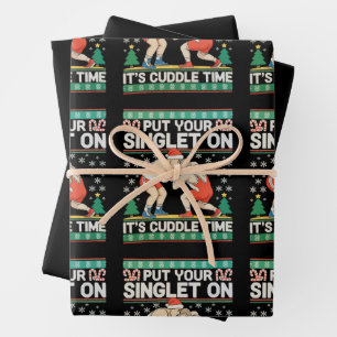 Wrestling Put Your Singlet On Christmas Wrestler Wrapping Paper Sheet