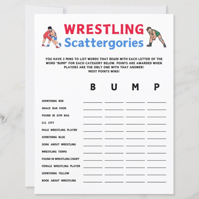 Wrestling Scattergories Game (Front)