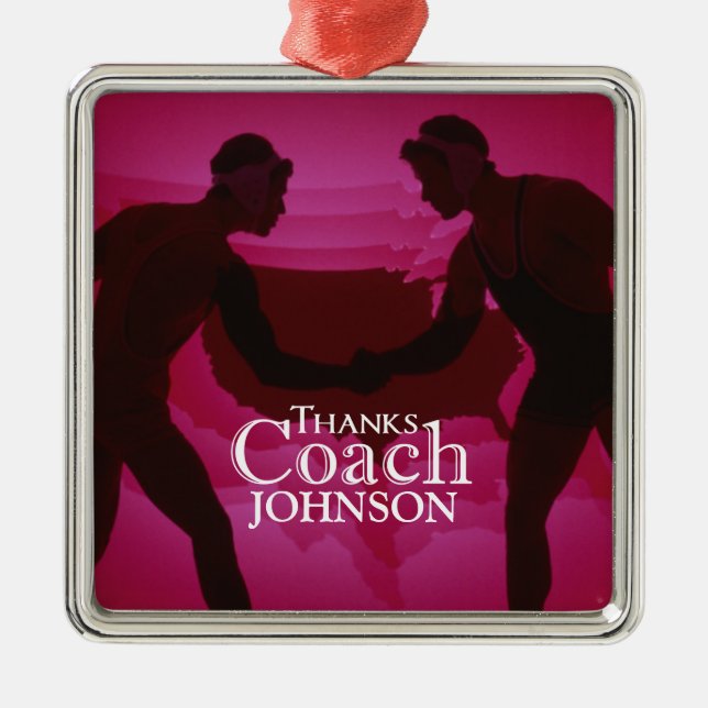 Wrestling Thanks Coach Silhouette Red Metal Tree Decoration (Front)