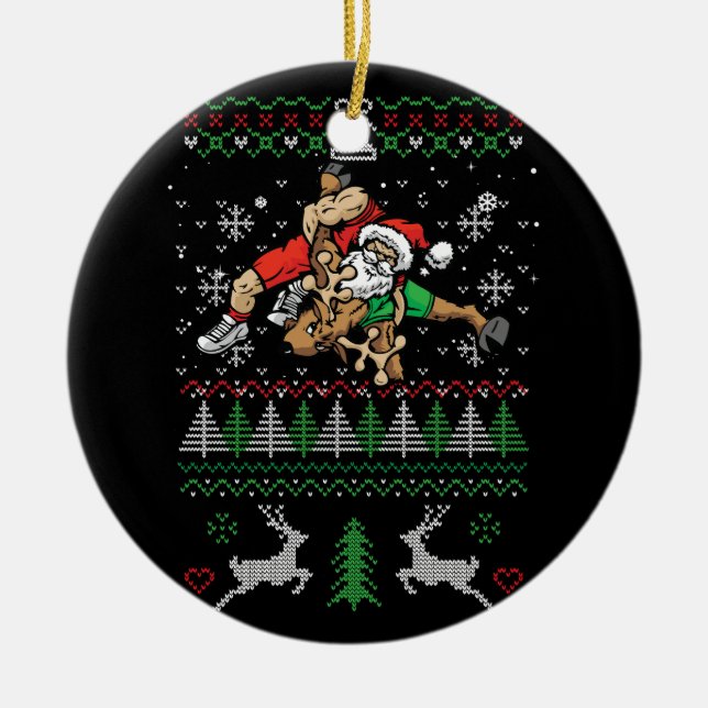 Wrestling Ugly Christmas Wrestler Santa Reindeer F Ceramic Tree Decoration (Front)