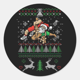 Wrestling Ugly Christmas Wrestler Santa Reindeer F Classic Round Sticker