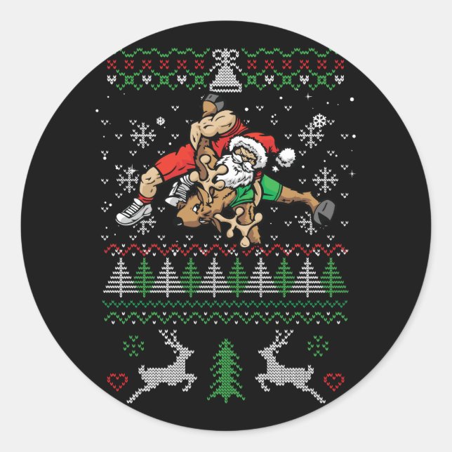 Wrestling Ugly Christmas Wrestler Santa Reindeer F Classic Round Sticker (Front)
