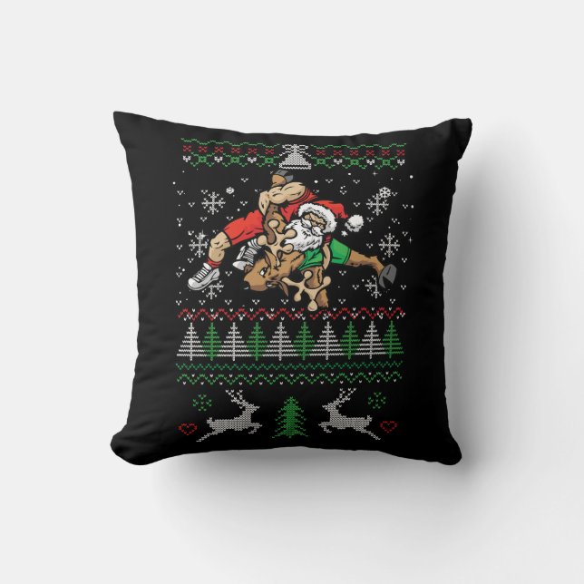 Wrestling Ugly Christmas Wrestler Santa Reindeer F Cushion (Front)