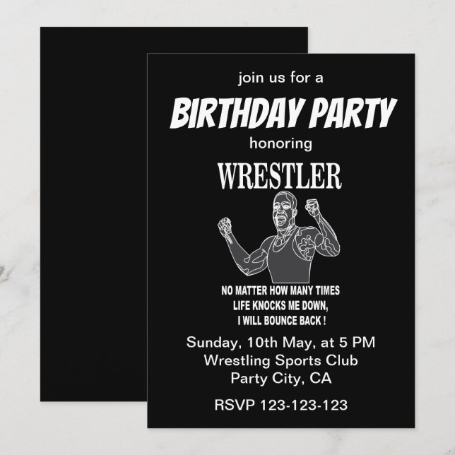 Wrestling Wrestler Inspirational Birthday Party Invitation (Front/Back)
