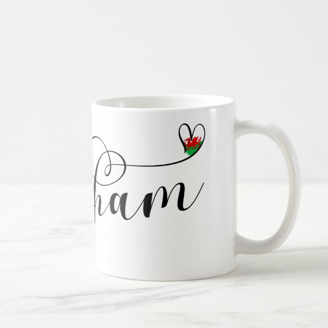 Wrexham Script Font, Welsh Flag In Heart Coffee Mug (Right)