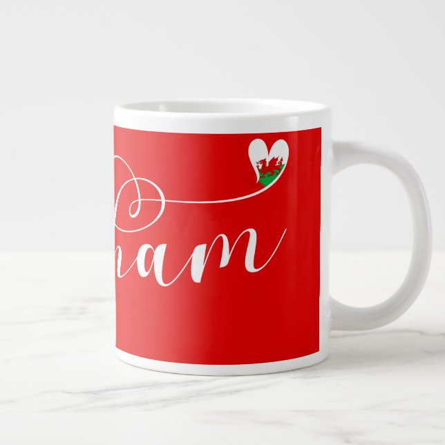 Wrexham Script Font, Welsh Flag In Heart Large Coffee Mug (Right)