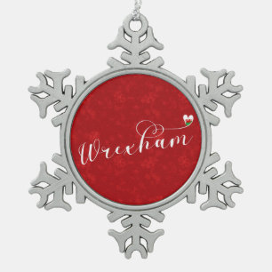 Wrexham Script Font, Welsh Flag In Heart Snowflake Pewter Christmas Ornament