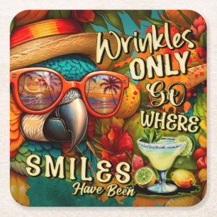 Wrinkles Only Go Where Smiles Have Been Parrot Square Paper Coaster