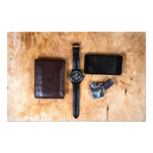 wristwatch with wallet purse and lighter photo print