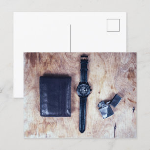 wristwatch with wallet purse and lighter postcard