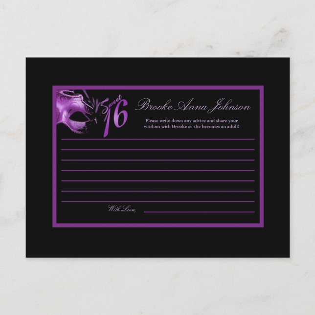 Writable Advice Card Sweet 16 Purple Lilac Black (Front)