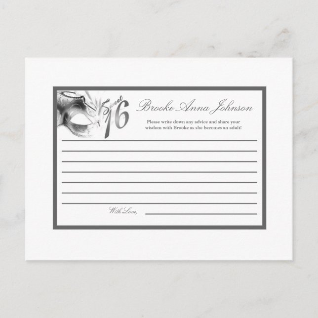 Writable Advice Card Sweet 16 Silver White Party (Front)