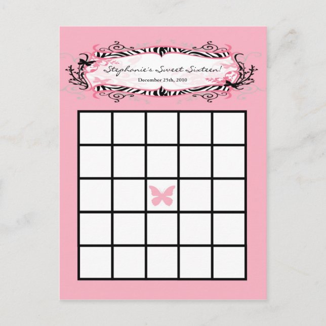 Writable Bingo Card Girly Butterfly Zebra Print (Front)