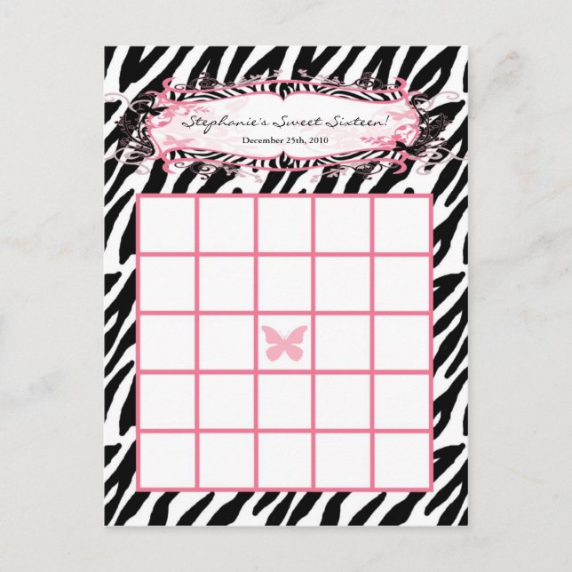 Writable Bingo Card Girly Butterfly Zebra Print (Front)