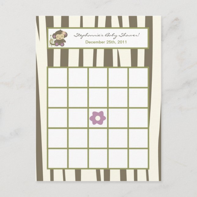 Writable Bingo Card Jacana Girl Jungle Zoo Animal (Front)