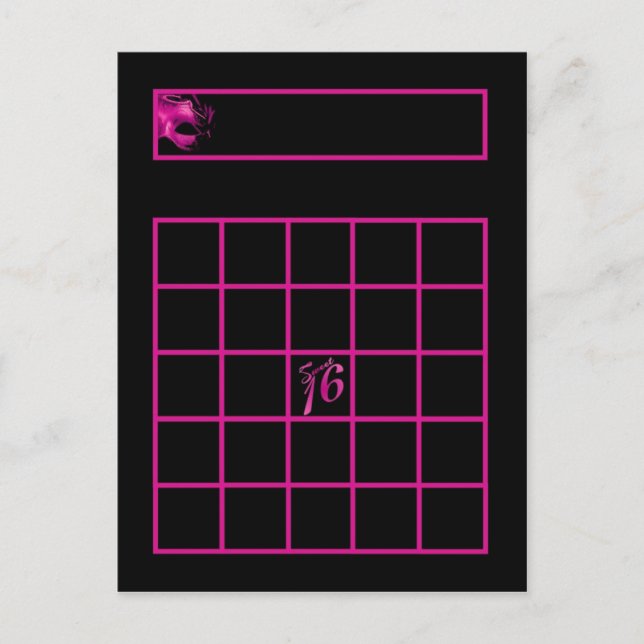 Writable Bingo Card Sweet 16 Hot Pink Black Party (Front)