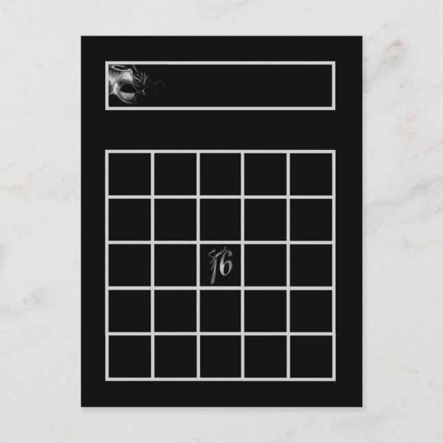 Writable Bingo Card Sweet 16 Silver Black (Front)