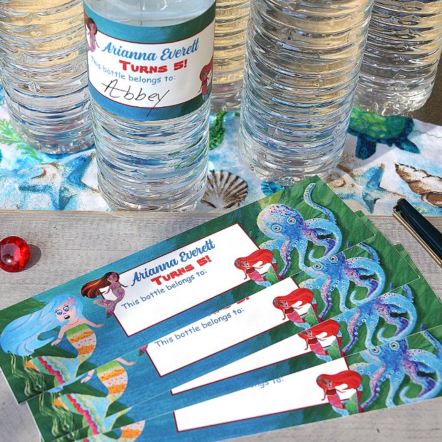 Writable Mermaid Octopus, Blue Aqua Red Green Water Bottle Label (mermaid birthday party labels)