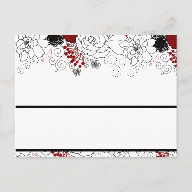Writable Place Card Black Flowers Red leaves (Front)