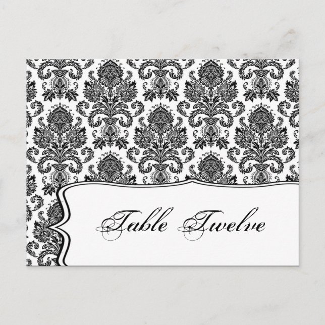 Writable Place Card Black White Damask Lace Print (Front)