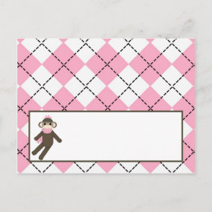 Writable Place Card Pink Argyle Sock Monkey