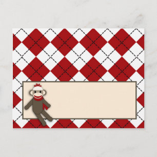 Writable Place Card Red Sock Monkey Argyle