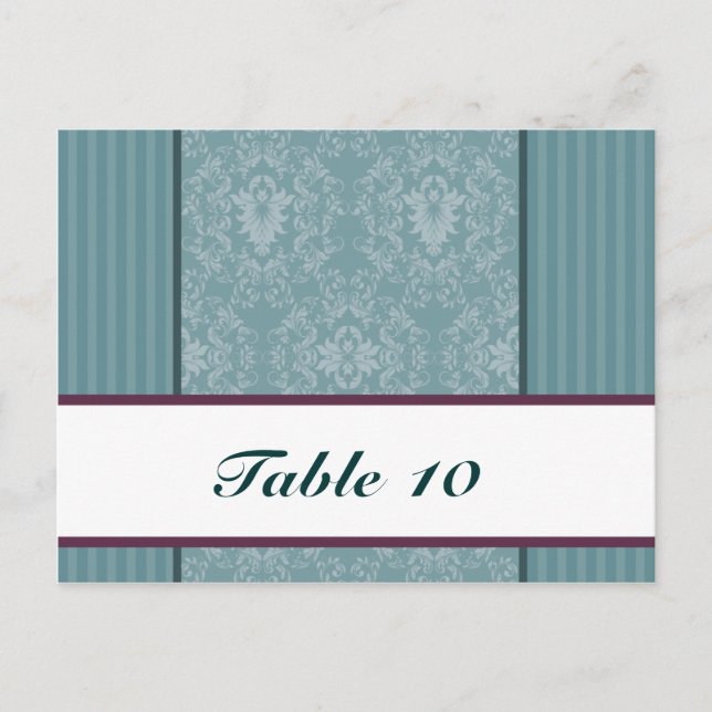 Writable Place Card Teal Blue Damask/Stripes Red F (Front)