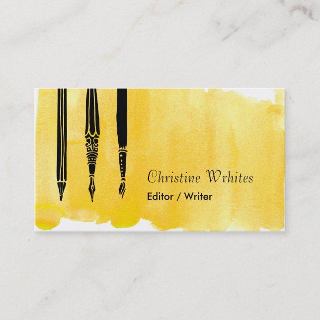 Writer Author Fountain Pen Quill Editor Yellow Business Card (Front)