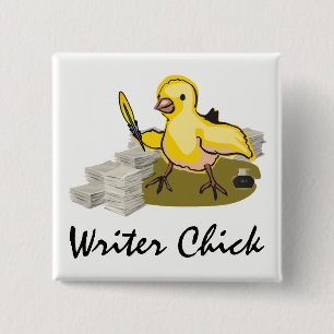 Writer Chick with Paper, Feather Quill and Ink 15 Cm Square Badge