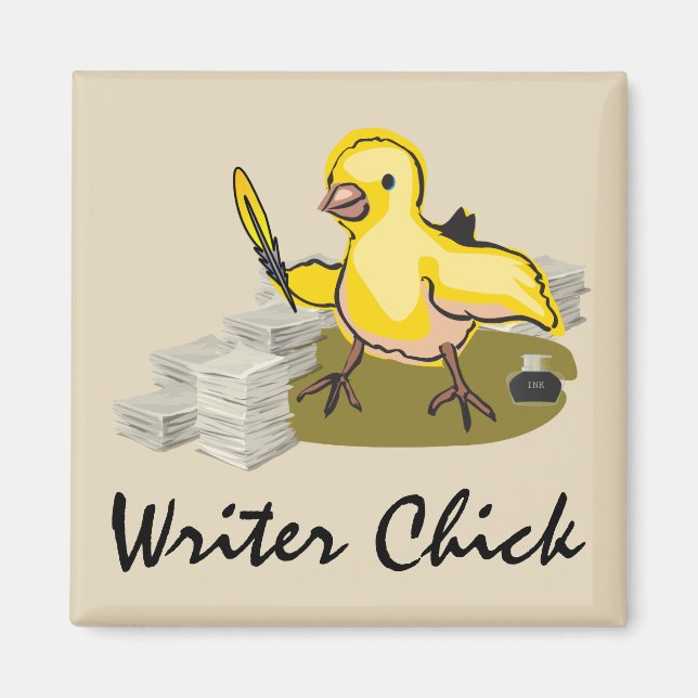 Writer Chick with Paper, Feather Quill and Ink Magnet (Front)