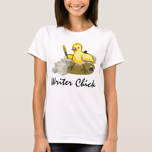 Writer Chick with Paper, Feather Quill and Ink T-Shirt (Front)