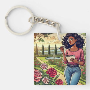 Writer in rose garden keychain