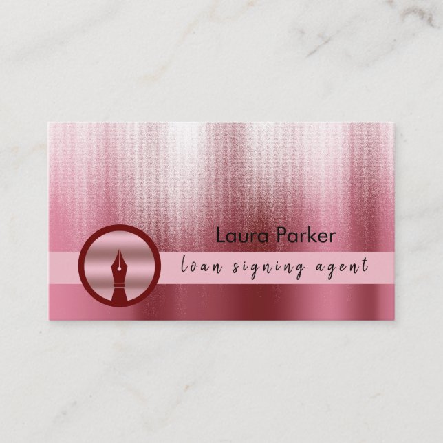 Writer Loan Signing Agent Nib Rose Gold Notary Business Card (Front)
