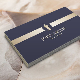 Writer   Navy Blue & Gold Stripe Pen Nib Logo Business Card