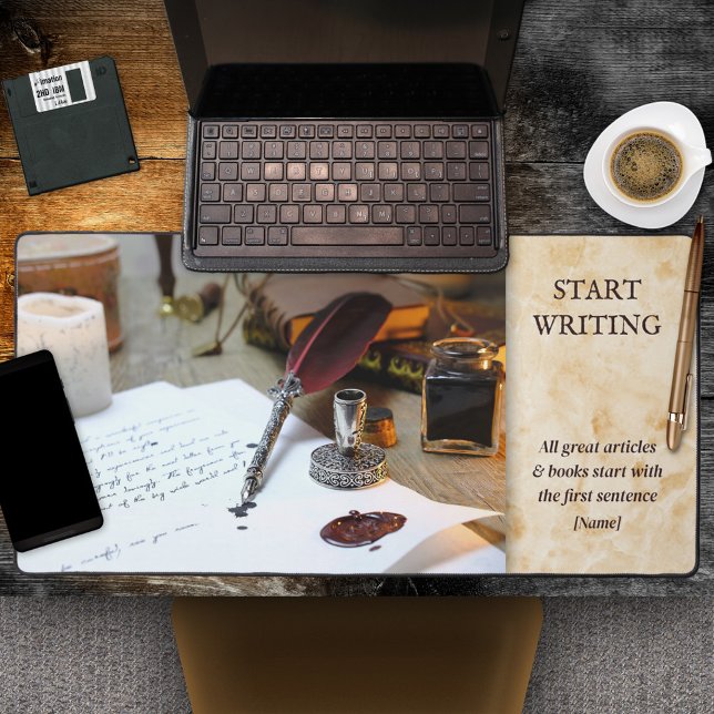 Writer or Blogger Inspirational Quote  Desk Mat (Desk mat featuring an image with vintage feather on a marble background and your own inspiring quote)