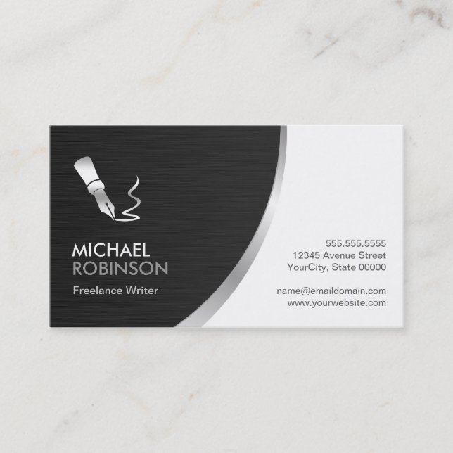 Writer Pen Logo - Modern Professional Silver Metal Business Card (Front)