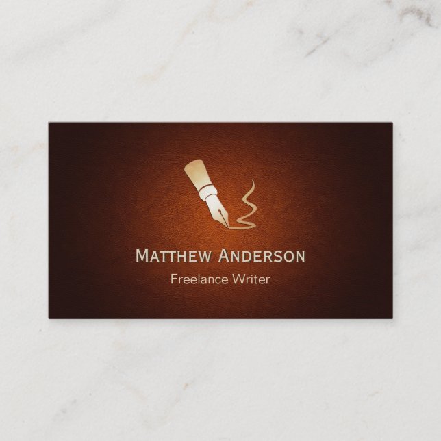 Writer Pen Logo - Stylish Spotlight Brown Leather Business Card (Front)