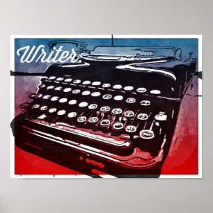 Writer with Typewriter Blue Red Pop Art Poster