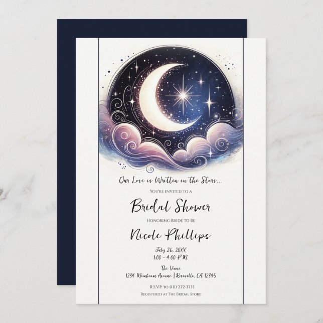 Written in Stars Watercolor Moon Bridal Shower  Invitation (Front/Back)