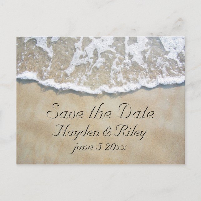 Written in the Sand Beach Save the Date Announcement Postcard (Front)