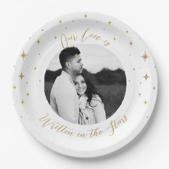 Written in the Stars Gold & White Celestial Photo Paper Plate (Front)