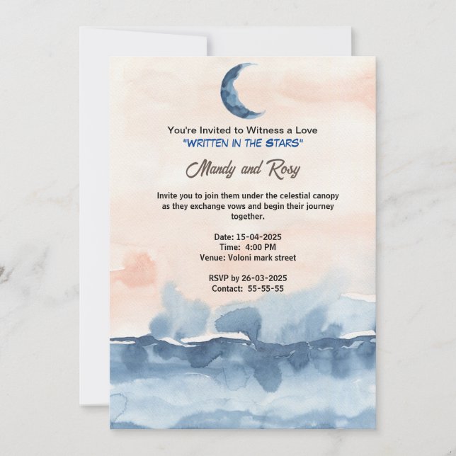 Written in the stars midnight blue navy invitation (Front)