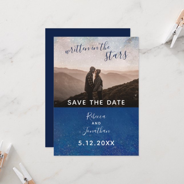 Written in the Stars Navy Galaxy Save the Date Invitation (Front/Back In Situ)